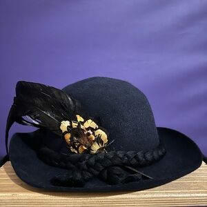 Black Felt Women's Fedora Hat with Braided Band and Feather Accent